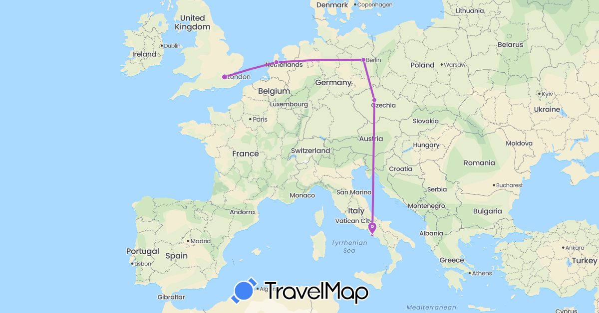 TravelMap itinerary: driving, train in Czech Republic, Germany, United Kingdom, Italy, Netherlands (Europe)